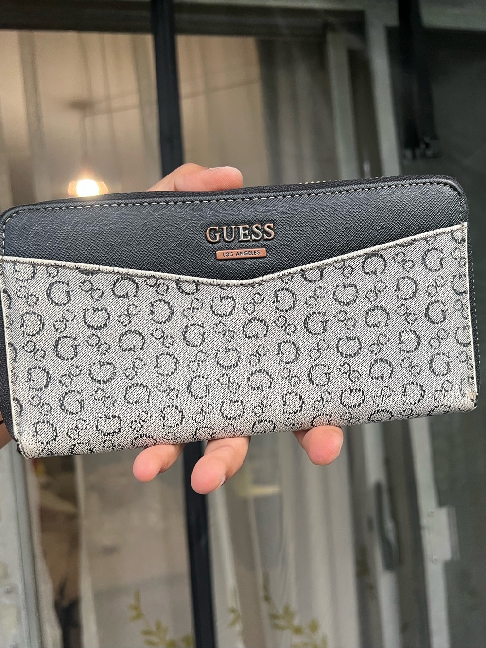 GUESS Black and Gray Signature Zip Wallet with Rose Gold Logo